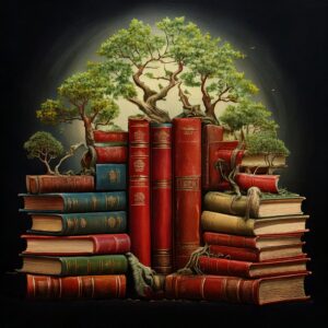 Image of dictionaries sitting together with the the tree of knowledge enveloping them.