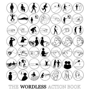 Cover of the Wordless Action Book with illustrations of 49 different actions for teaching and learning the words associated with movement