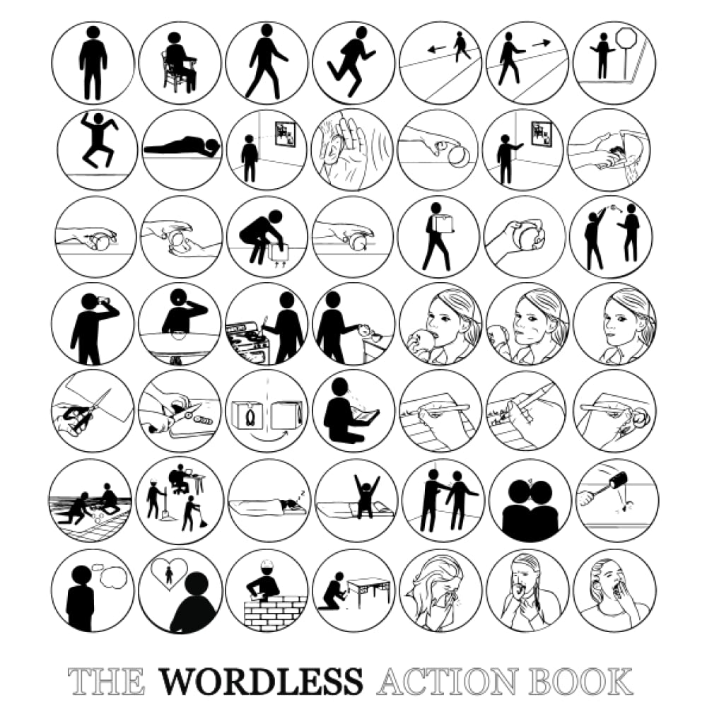 Cover of the Wordless Action Book with illustrations of 49 different actions for teaching and learning the words associated with movement