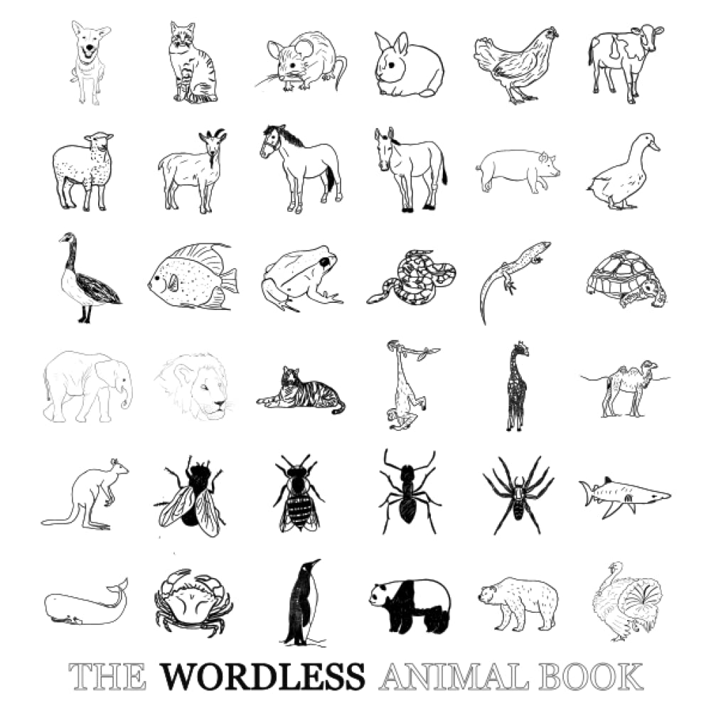 Cover of The Wordless Animal Book, a black and white book without words with 36 animals for teaching vocabulary related to animals.