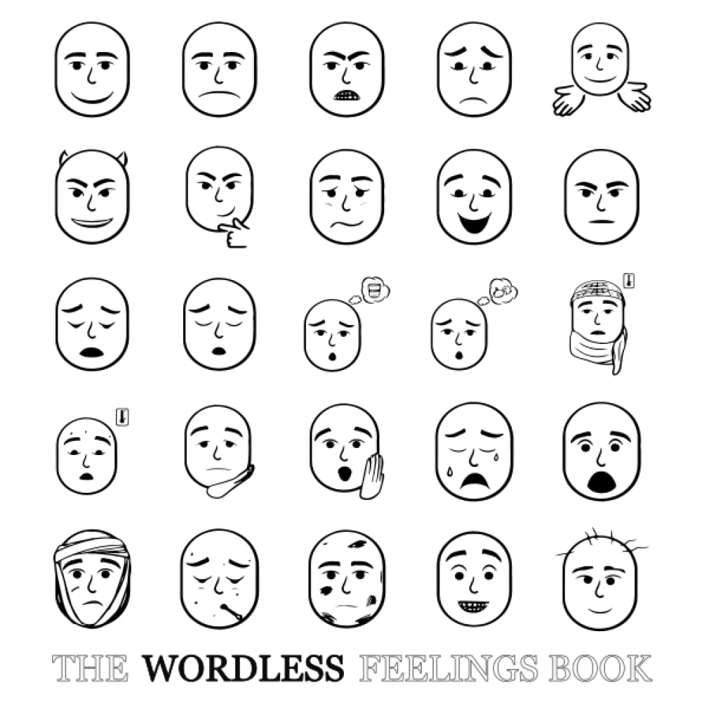 Cover of the Wordless Feelings Book a resource for teaching vocabulary for expressing feelings or describing character with only black and white images.