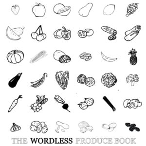 Black and White Book with duotone images of vegetables and fruit used for teaching produce vocabulary