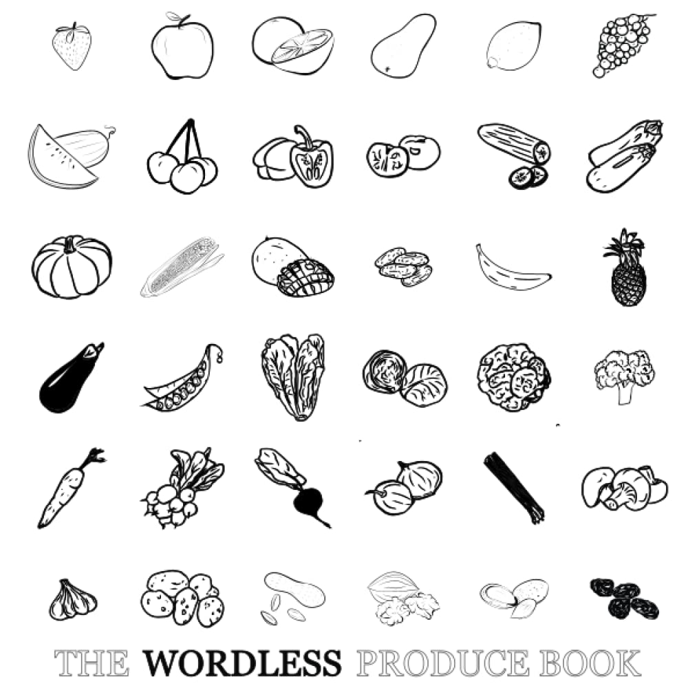 Black and White Book with duotone images of vegetables and fruit used for teaching produce vocabulary