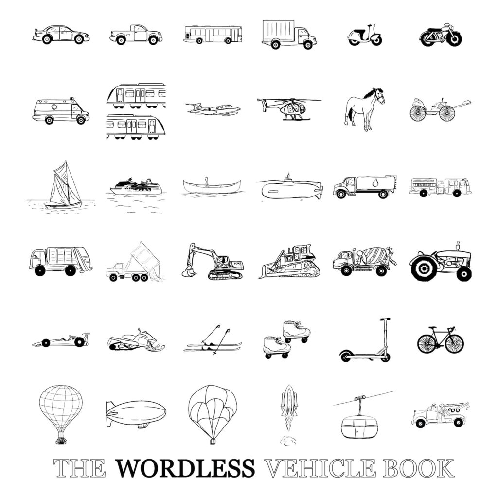The Wordless Vehicle Book for teaching vocabulary related to types of vehicles with black and white duotone images.